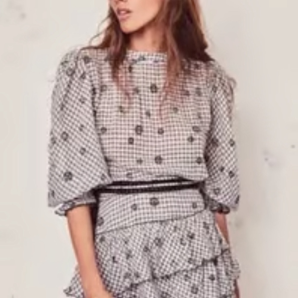 LoveShackFancy Floral Gingham Ruffle Mini Dress Black White Long Sleeve